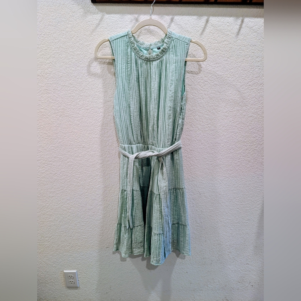 Sleeveless Sage Green Pleated Dress With Ruffles And Lining